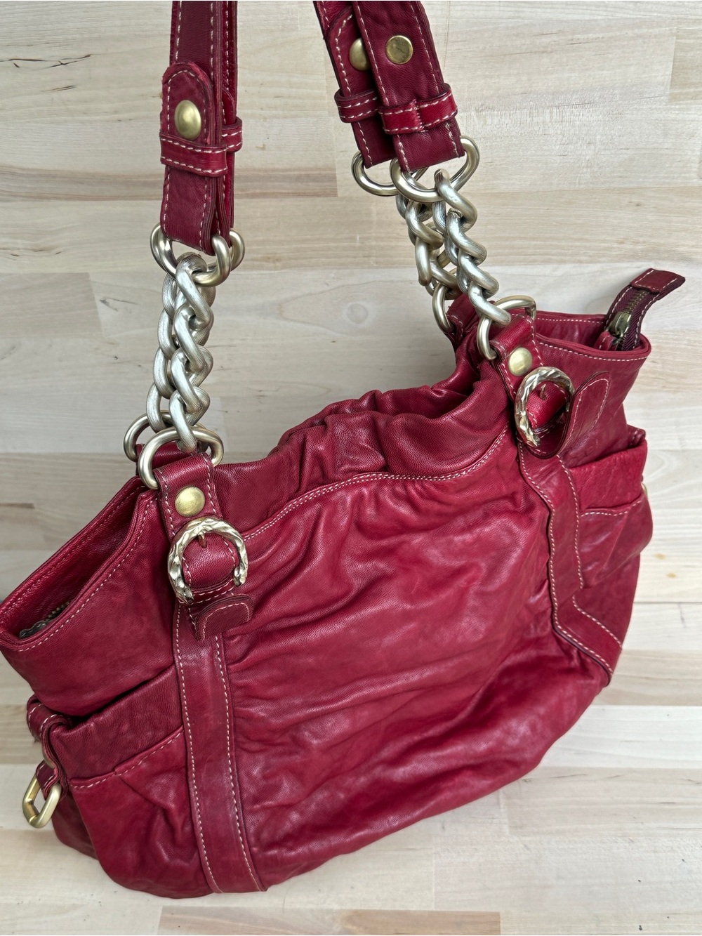 Vintage Ruched Deep Red Leather Shoulder Bag with Chain-Strap Accents